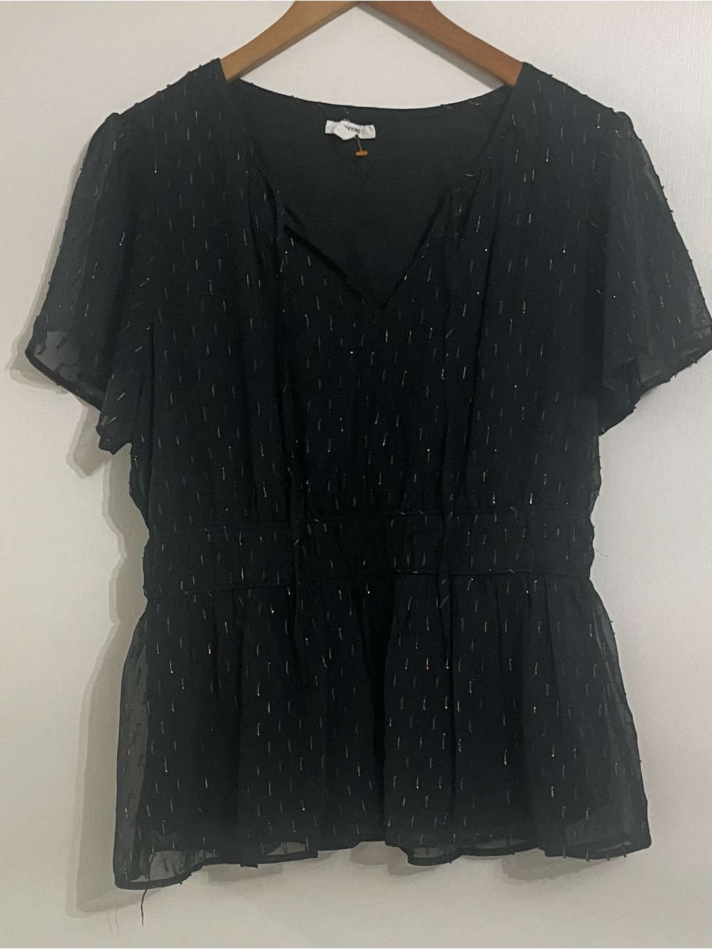 Maurices Black Short Sleeve V-Neck Peplum Top with Subtle Metallic Dots